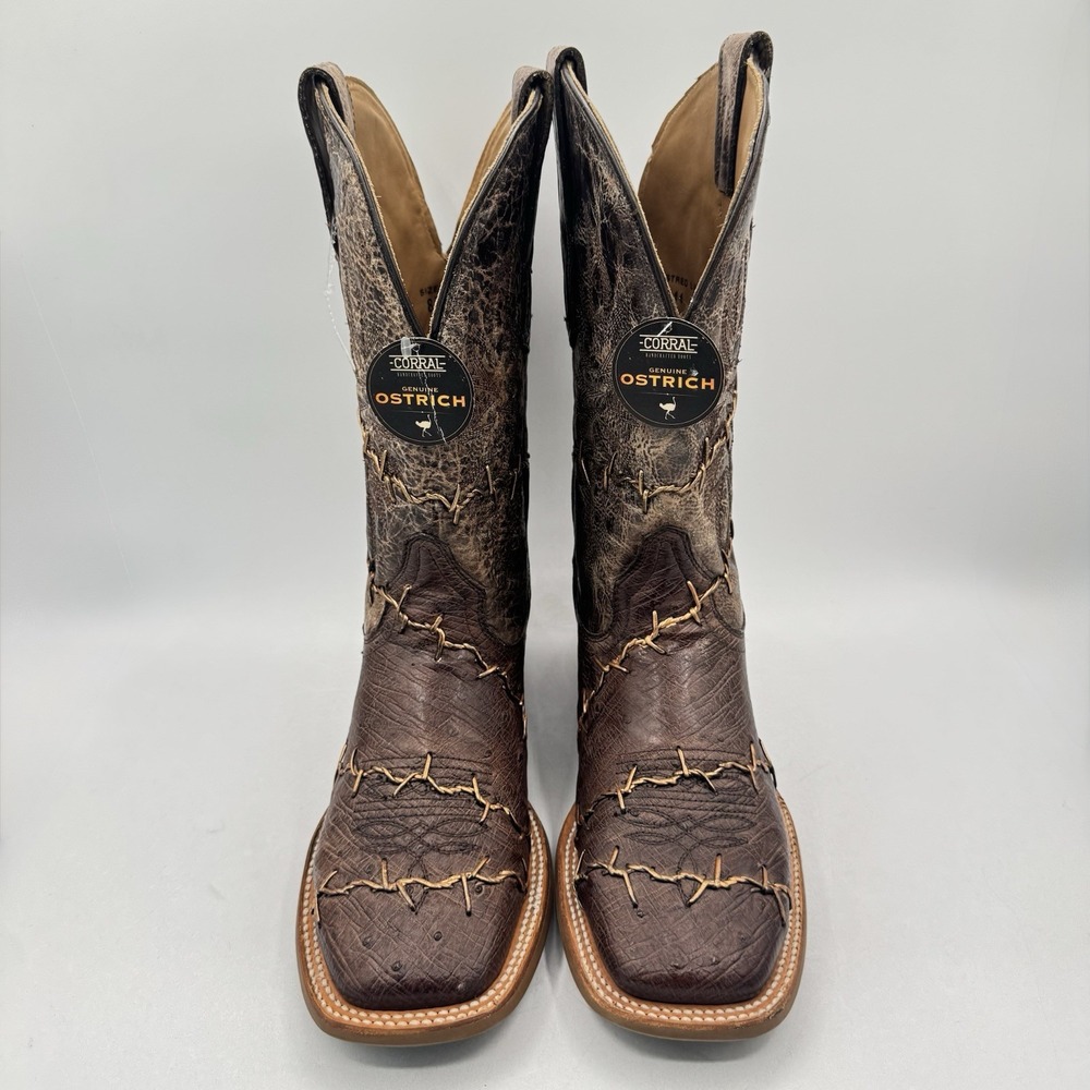 Corral Exotic Ostrich Barbed Wire Boots Men's Size 8.5 D Brown Leather Genuine - Picture 3 of 16